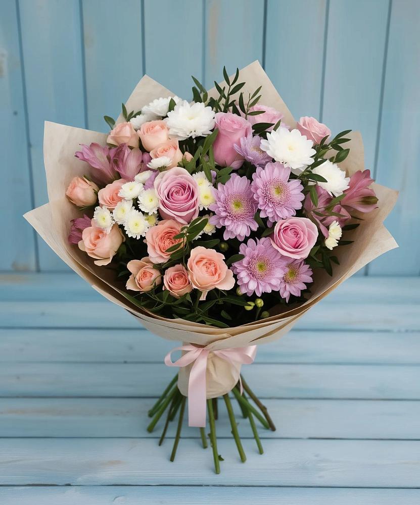 Букет цветов из: Хризантемы, Розы и Альстромерии в Лебяжье Курганской области