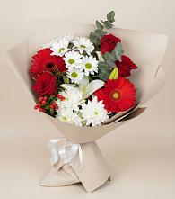 Букет цветов из:  Розы, Хризантемы, Герберы и Лилии в Лебяжье Курганской области