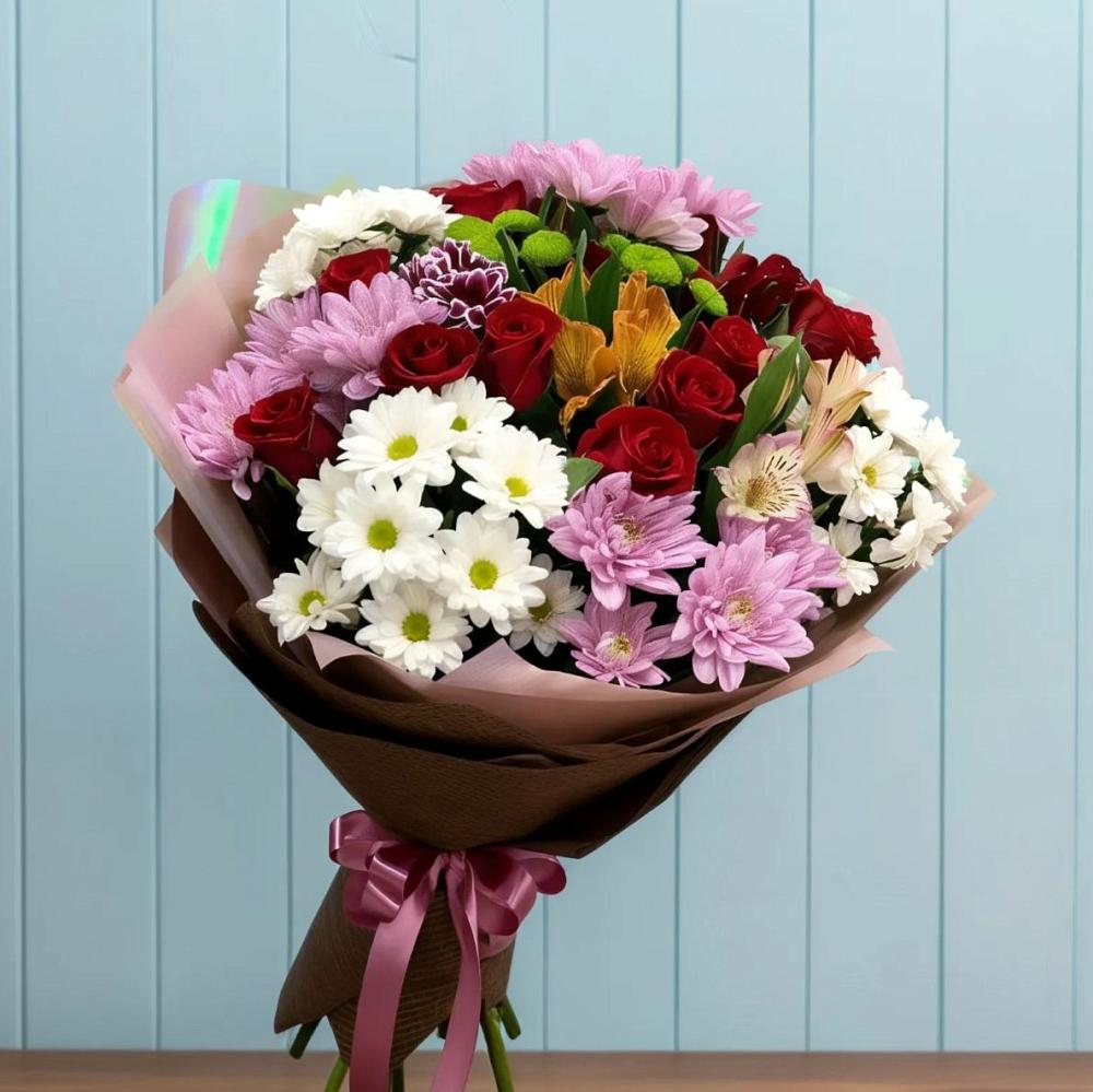 Букет цветов из: Розы, Хризантемы и Альстромерии в Лебяжье Курганской области